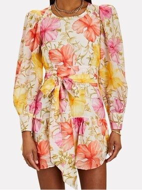 LoveShackFancy Floral Tie-Waist Puff Sleeve Mini Dress — Pink, Yellow & Cream